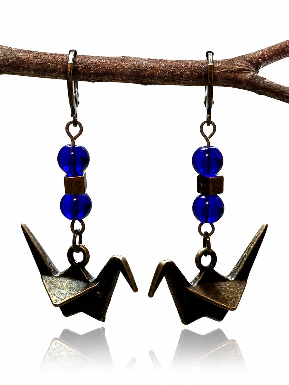Origami Crane Earrings Blue Glass Bronze Bird Dangle